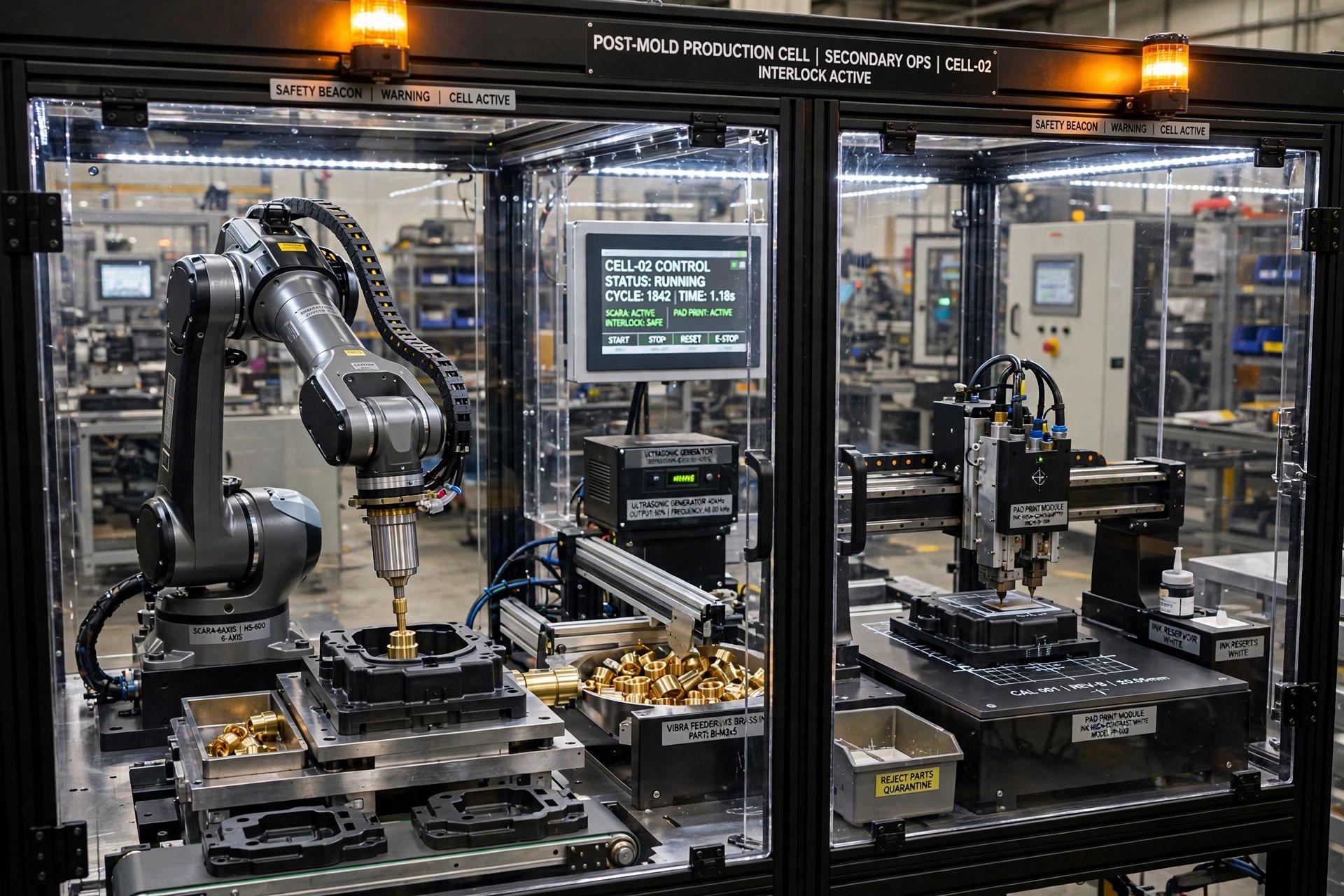 Automated secondary processing line with ultrasonic welding, pad printing, and laser marking