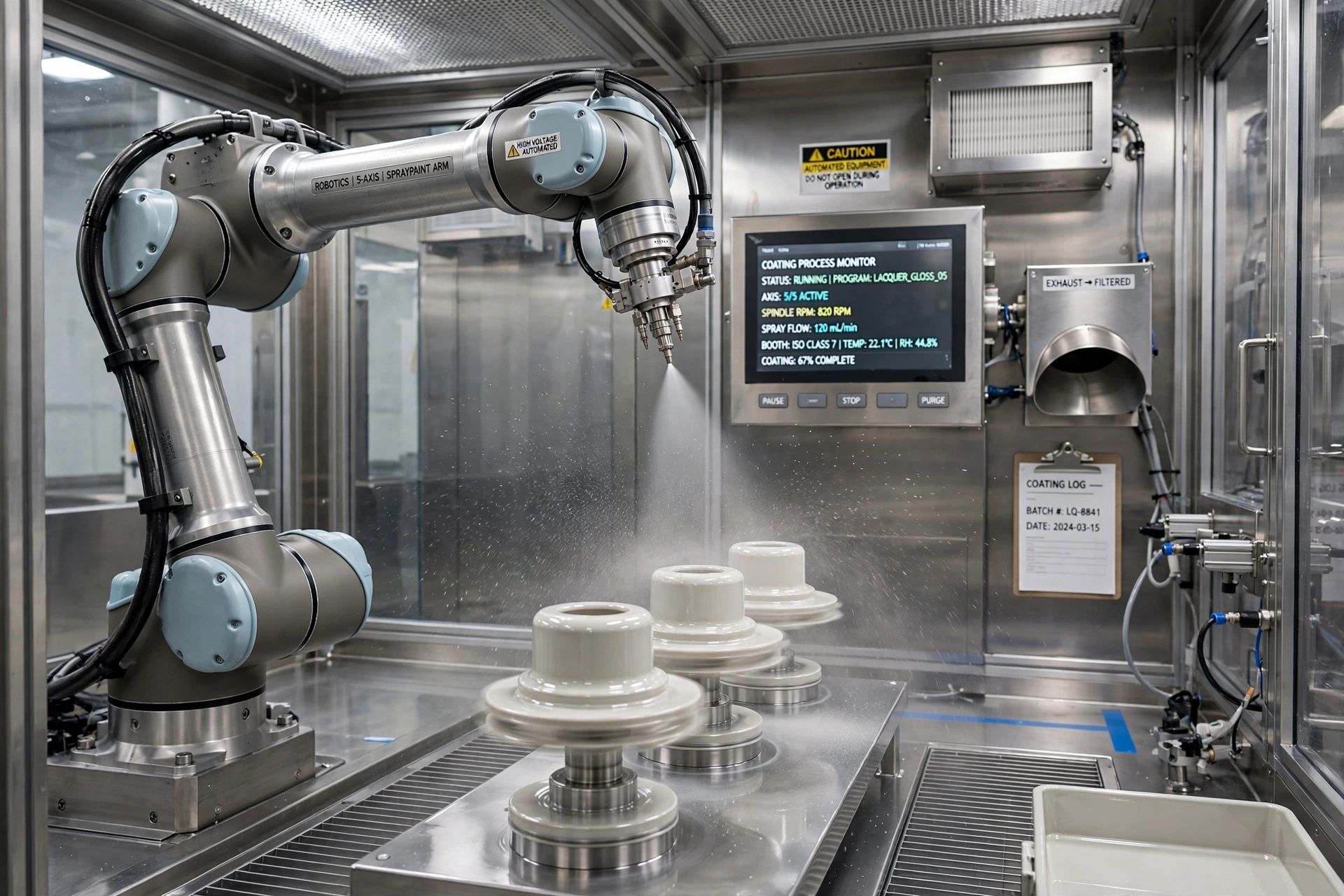 Automated 5-axis robotic spindle spray painting line in cleanroom enclosure