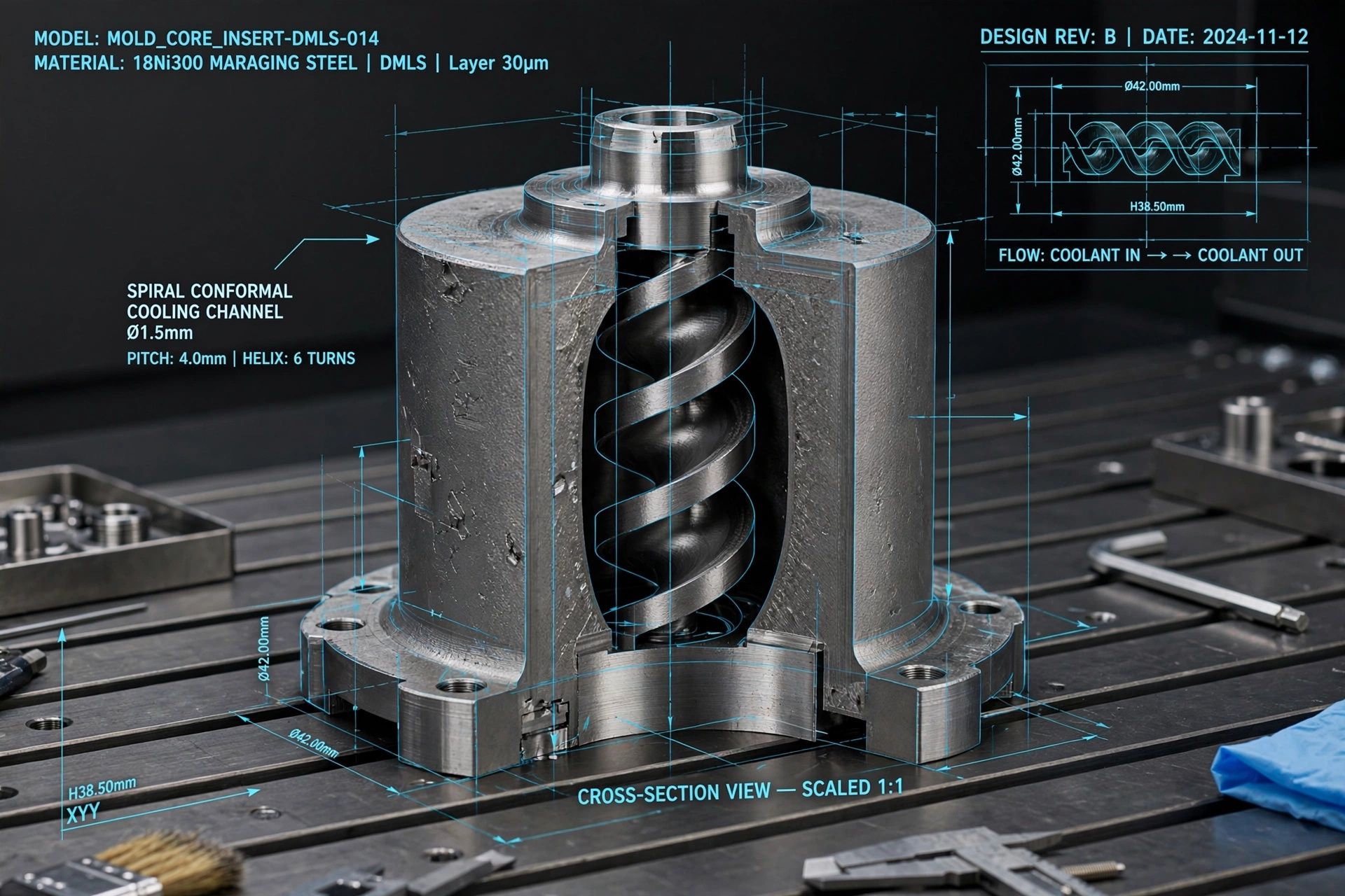 Conformal cooling core insert manufactured via direct metal laser sintering for food packaging molds