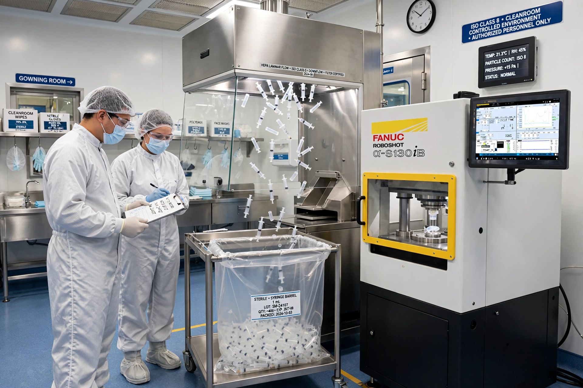 Class 100k cleanroom facility producing precision medical components and diagnostic cartridges