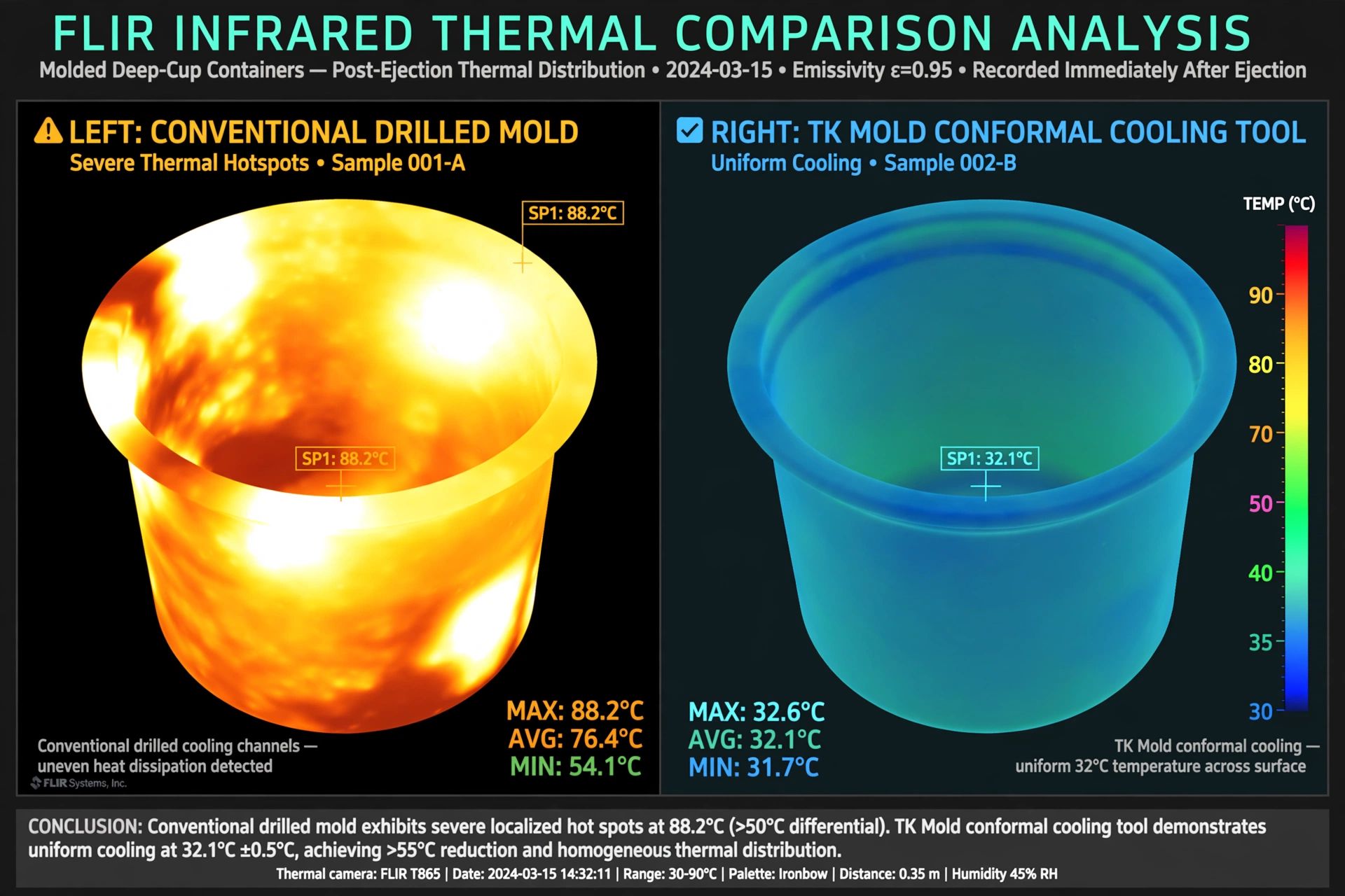 FLIR infrared thermal comparison proving uniform temperature distribution in conformal cooling mold
