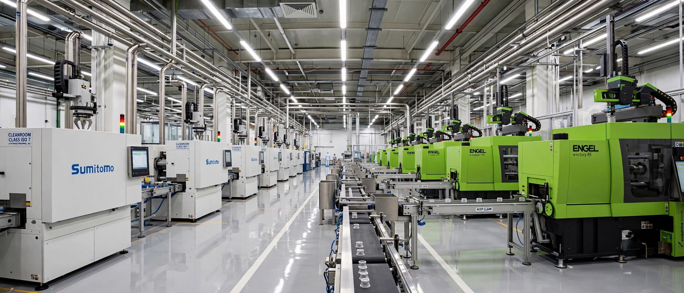 Automated contract injection molding press hall with robotic part removal systems and electric presses