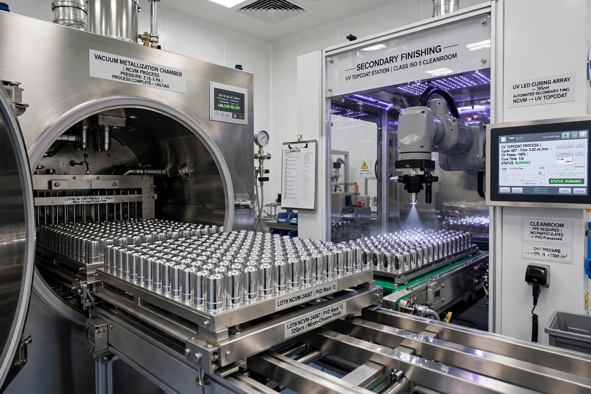 Automated spindle spray painting line producing metallic NCVM coatings on cosmetic caps