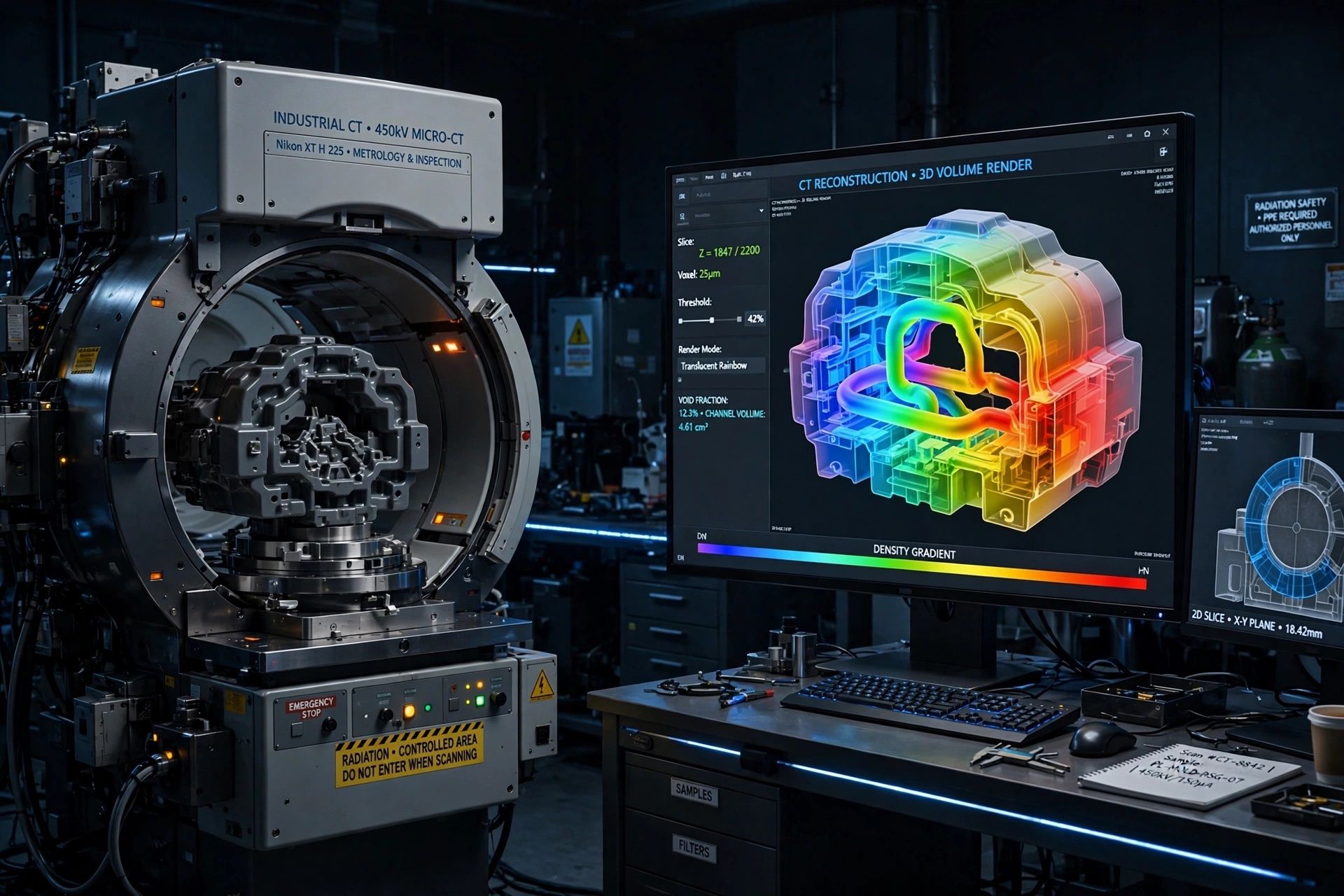 Industrial CT X-ray scanning visualization of internal injection molded part geometry