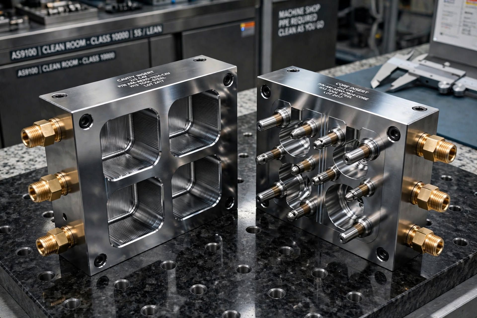 Exploded CNC machined core and cavity inserts for custom injection mold tooling showing slide mechanisms and cooling circuits