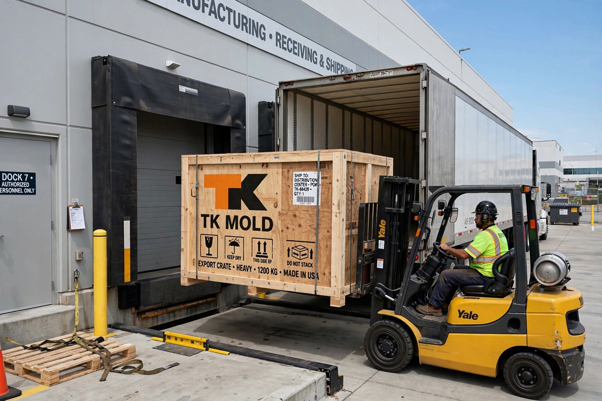 Delivered duty paid export mold crate being unloaded onto a factory loading dock in North America