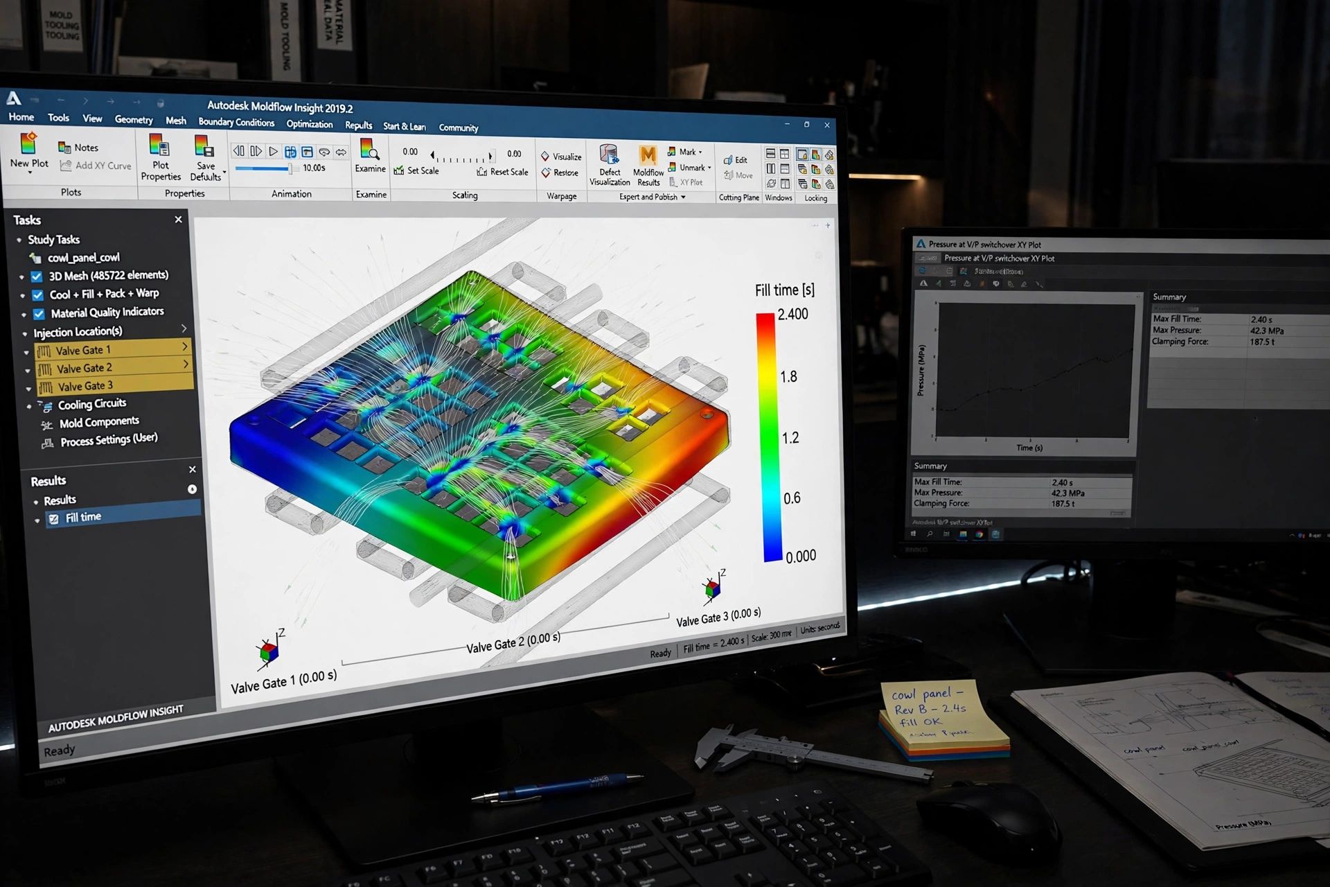 Autodesk Moldflow fill time simulation showing balanced resin front velocity across multi-cavity tool