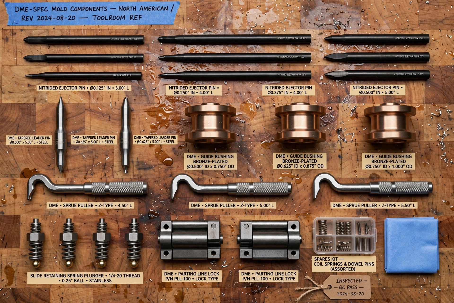 Selection of standard DME ejector pins, leader pins, and slide retainers laid out for assembly