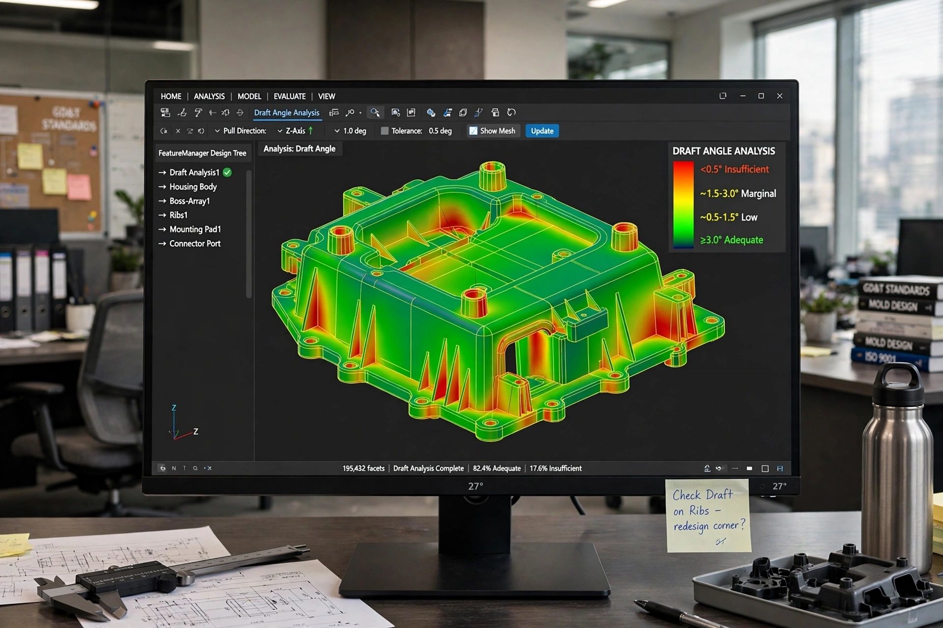 CAD draft angle color map analysis showing taper degrees on injection molded part