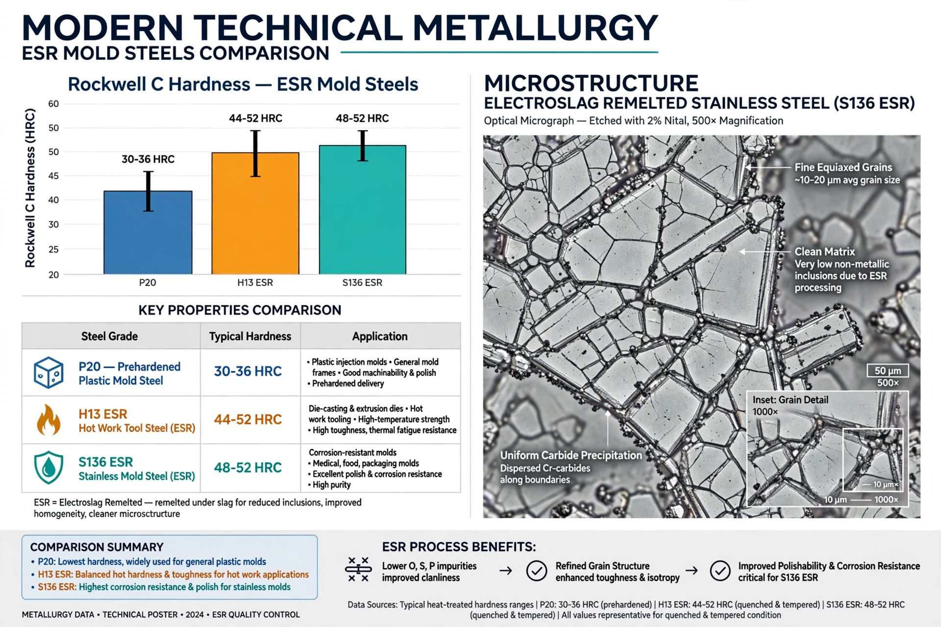 Tool steel hardness Rockwell C comparison chart for injection mold cores and cavities