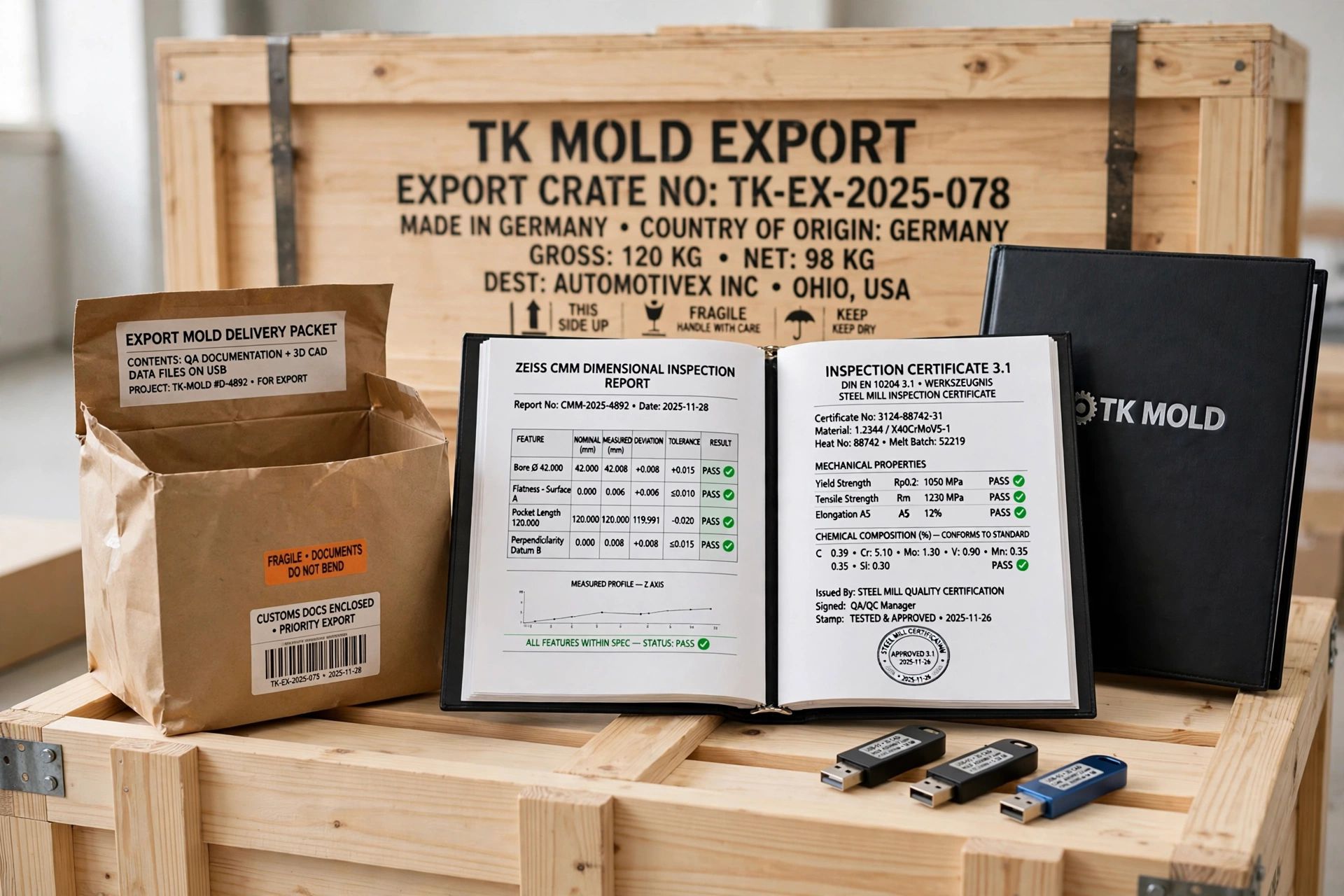 Comprehensive binder containing CMM dimensional reports, steel mill certificates, and 3D tool blueprints beside shipping crate