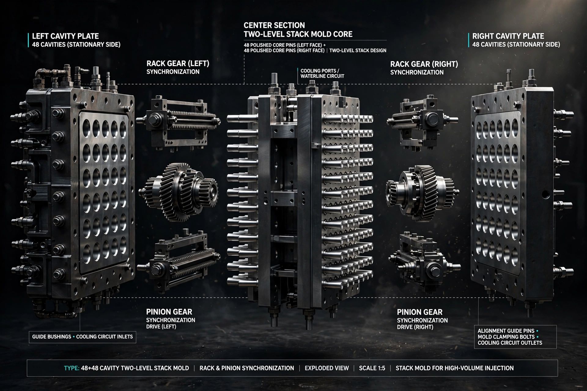 Exploded 48 plus 48 cavity stack mold assembly showing dual parting lines and center platen drive system