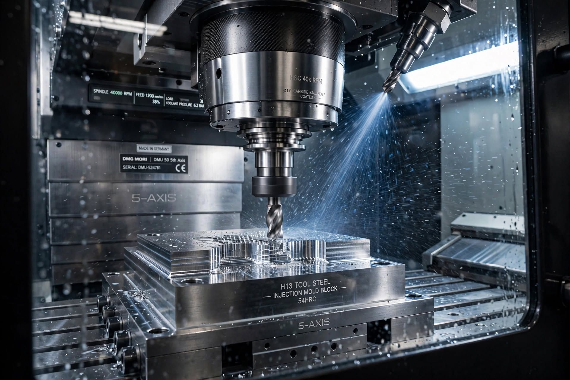 5-axis high-speed CNC milling center machining hardened H13 tool steel injection mold cavity to tight tolerances