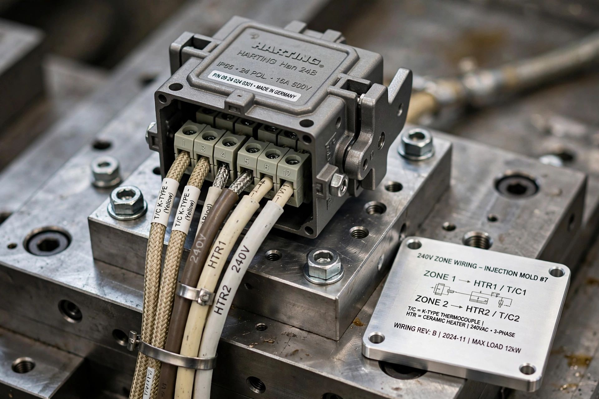 Hot runner manifold junction box wired with numbered high-temp ceramic connectors and stainless steel conduit