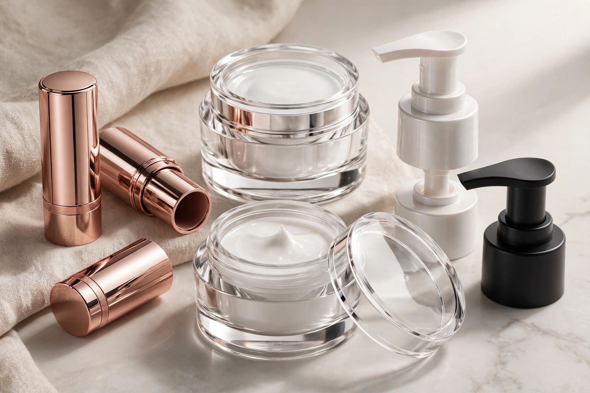 Collection of metallized cosmetic compacts, lipstick cases, and lotion dispensing pump actuators