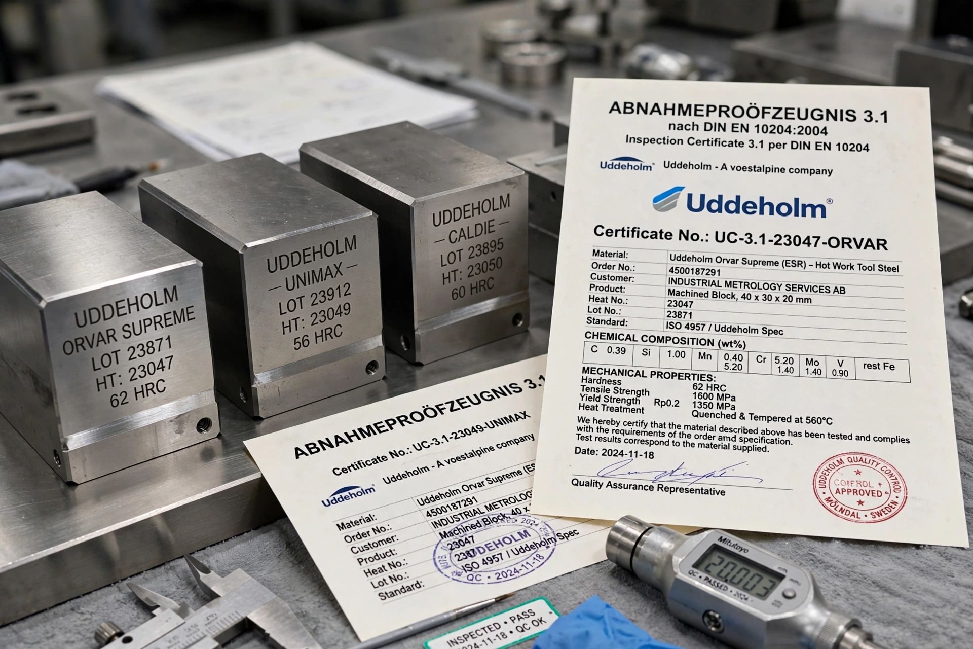 Steel mill inspection certificates and certified tool steel test blocks