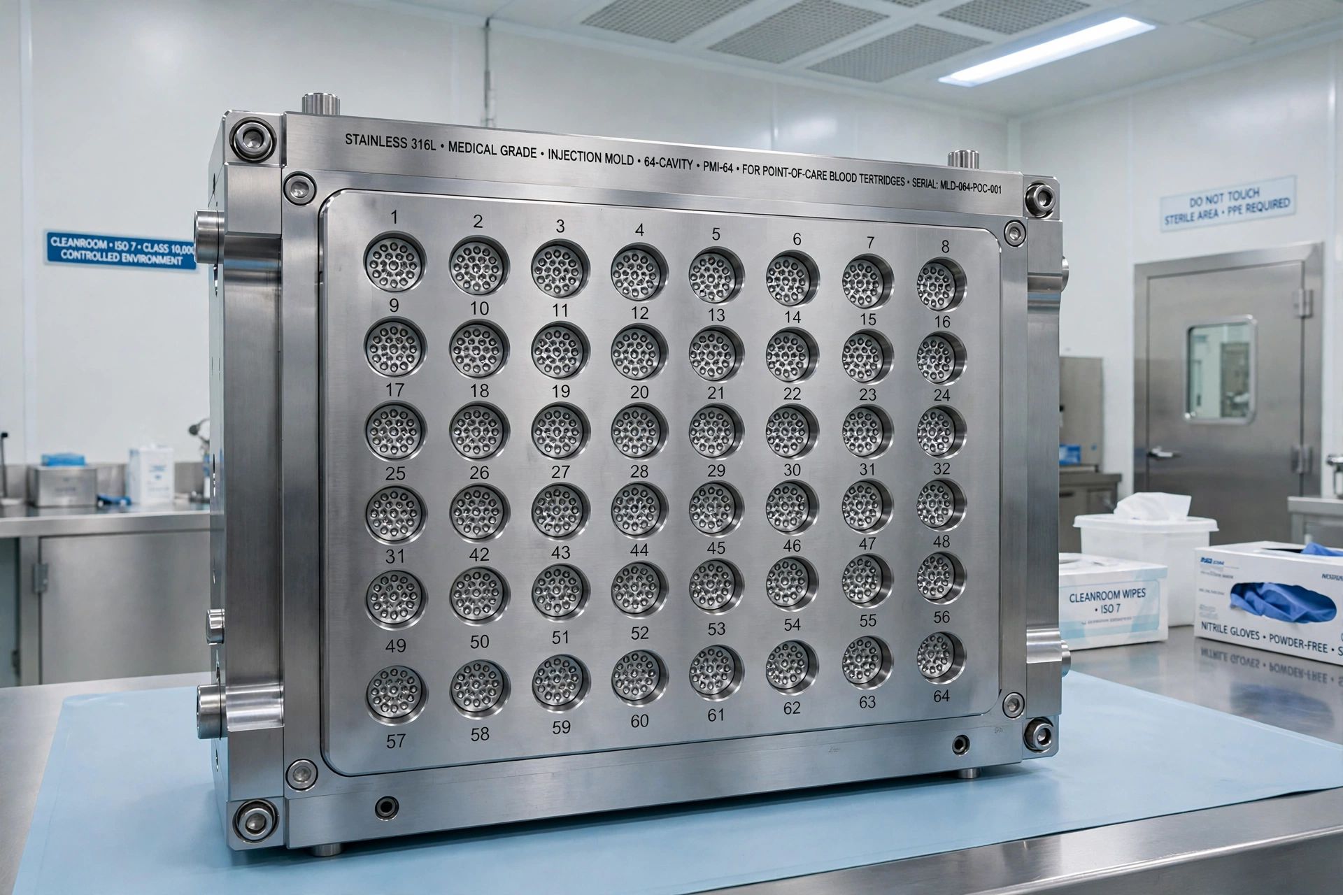 Stainless steel multi-cavity medical injection mold built to ISO 13485 standards for diagnostic cartridges