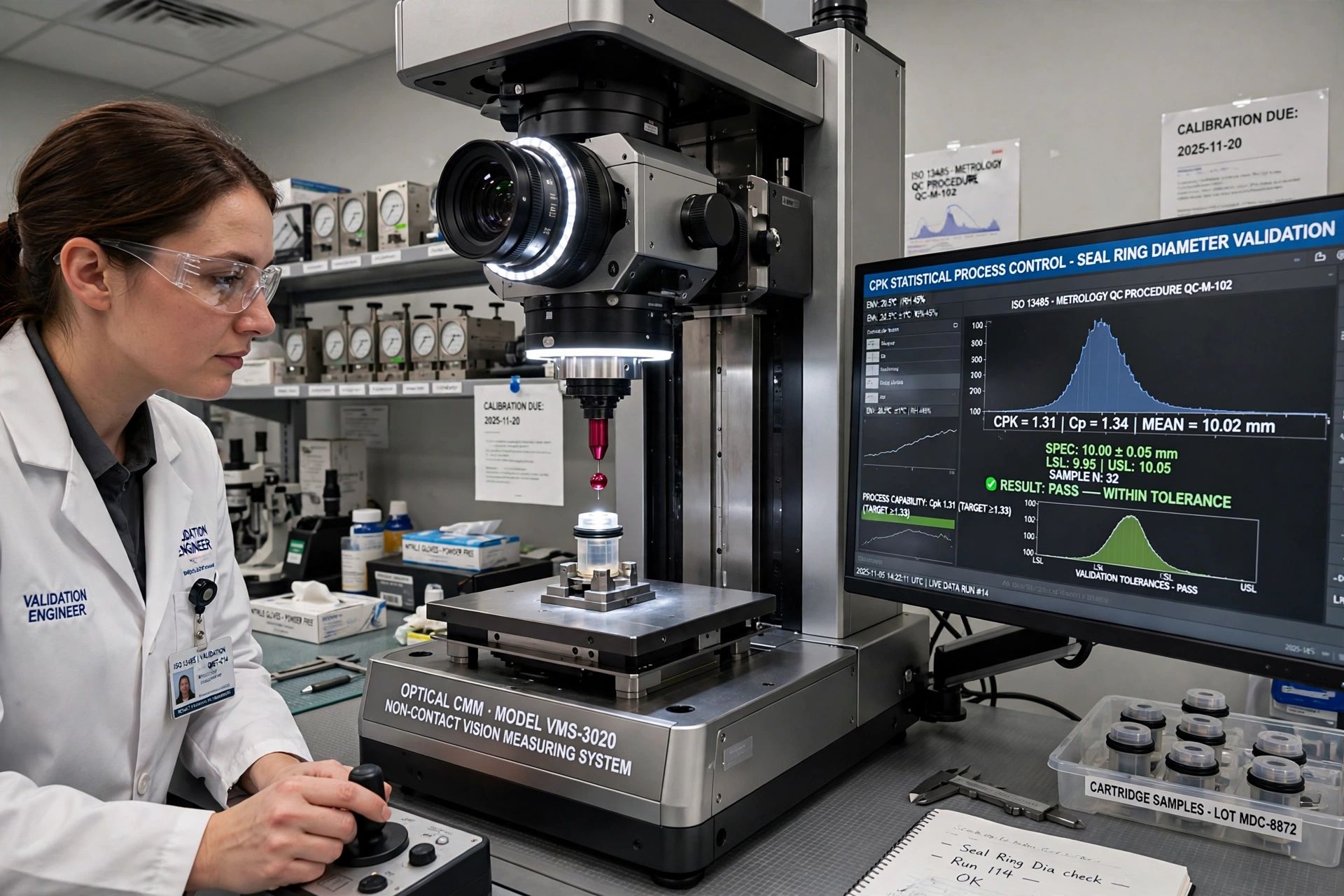 Quality control technician performing optical CMM dimensional inspection on medical device components