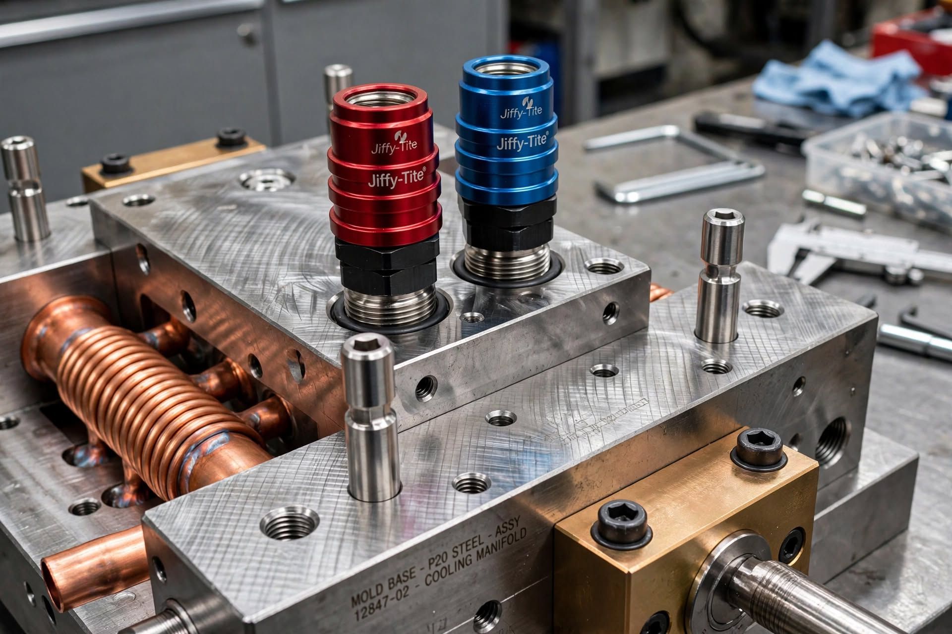 Precision mold plate assembly with dual-circuit cooling lines, brass fittings, and guided ejector pin system