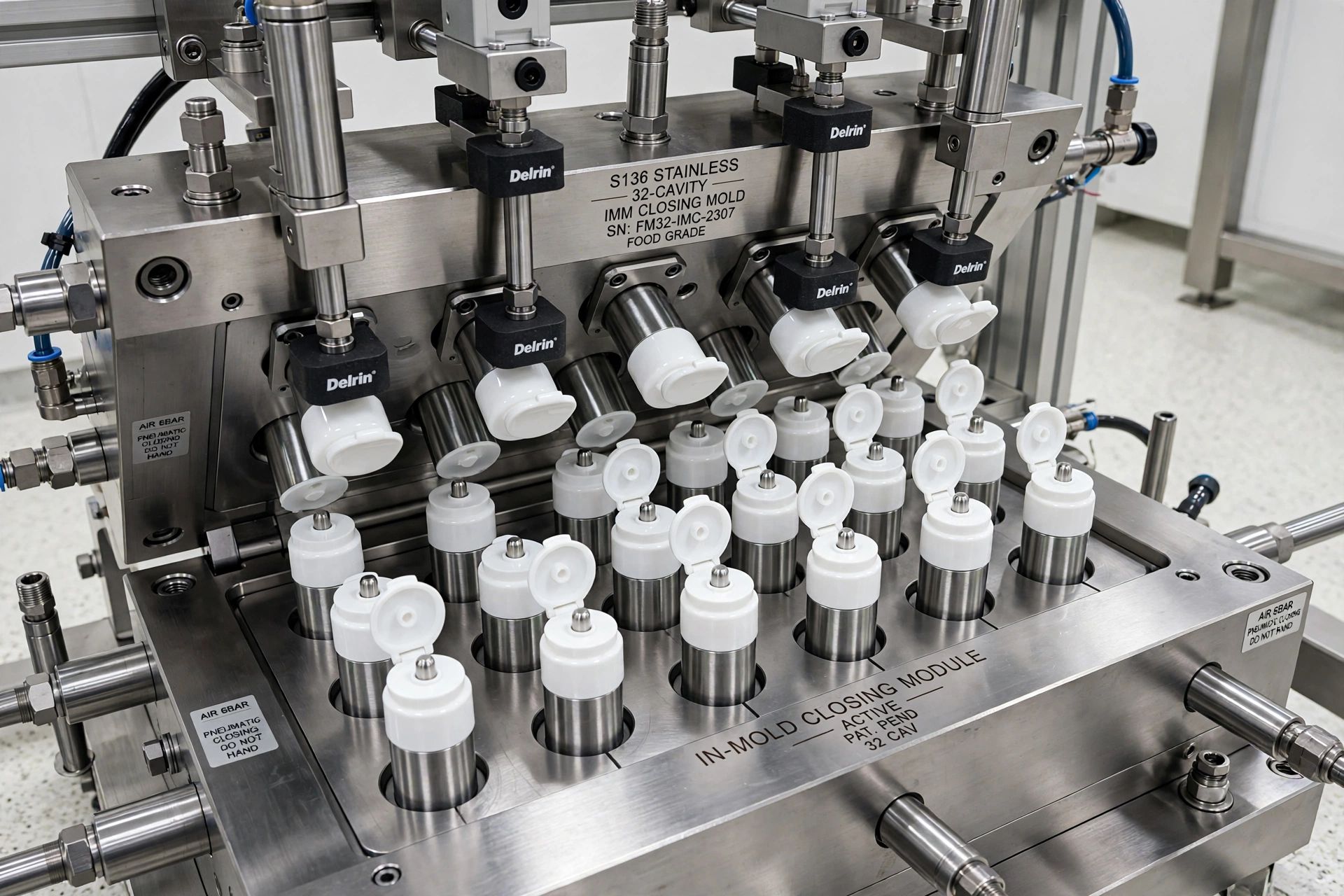 High-speed multi-cavity flip-top closure injection mold with in-mold closing mechanism