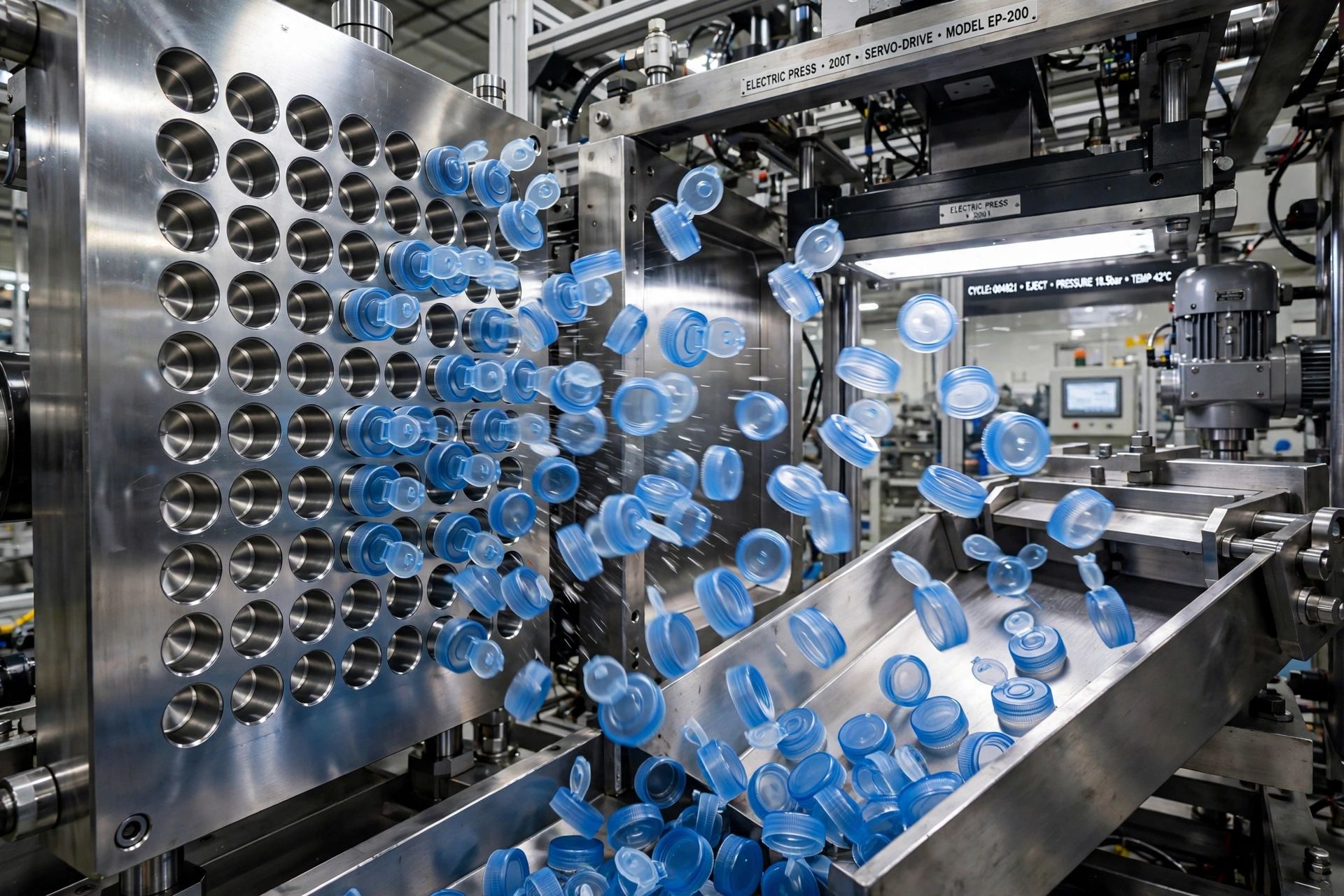 High-speed multi-cavity injection molding of flip-top dispensing closures and medical vials