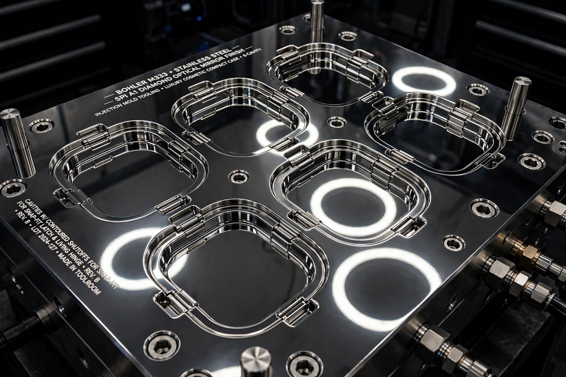 Diamond mirror polished multi-cavity injection mold for luxury cosmetic compact cases