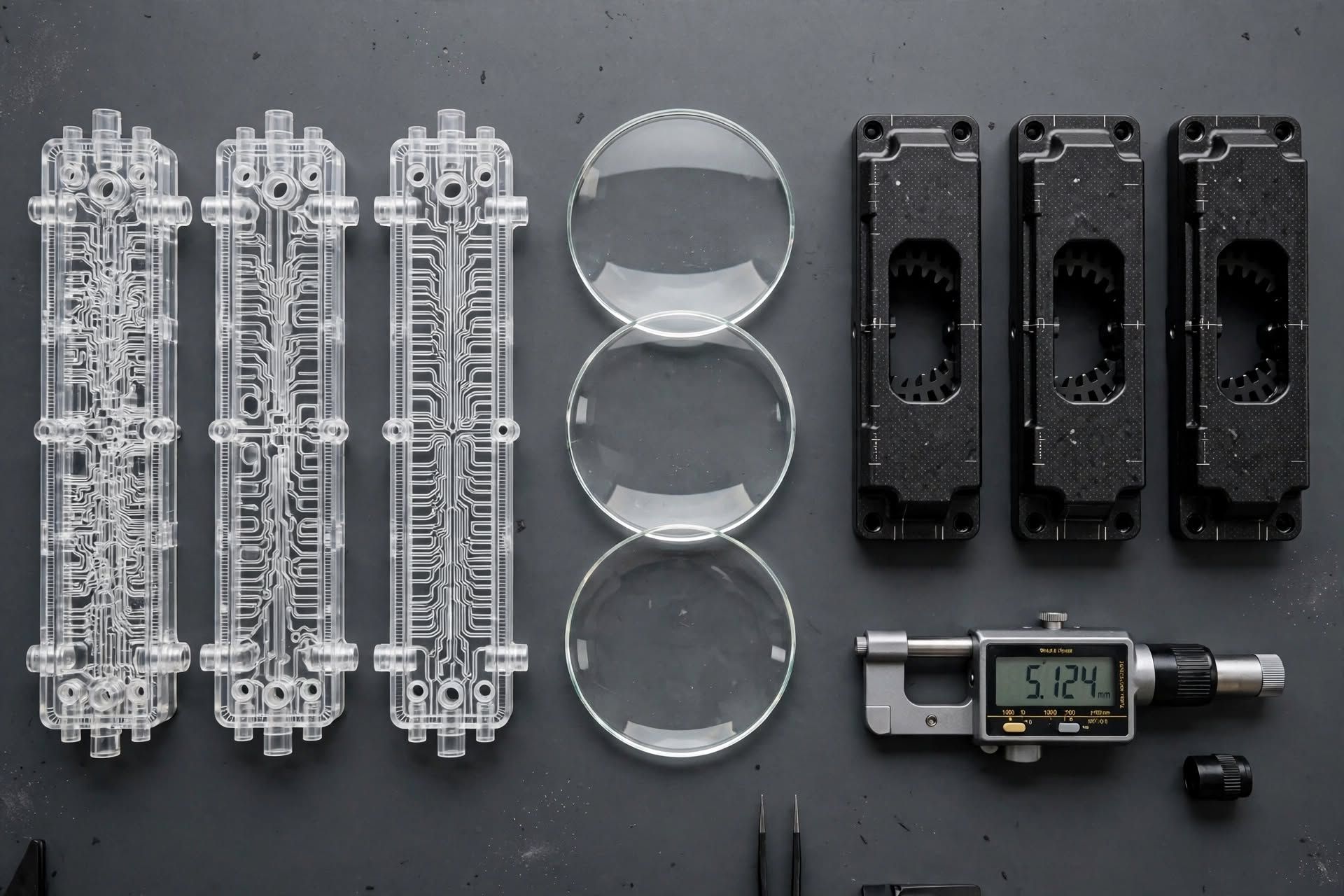Assortment of tight-tolerance engineering thermoplastic components manufactured using custom multi-cavity injection mold tooling