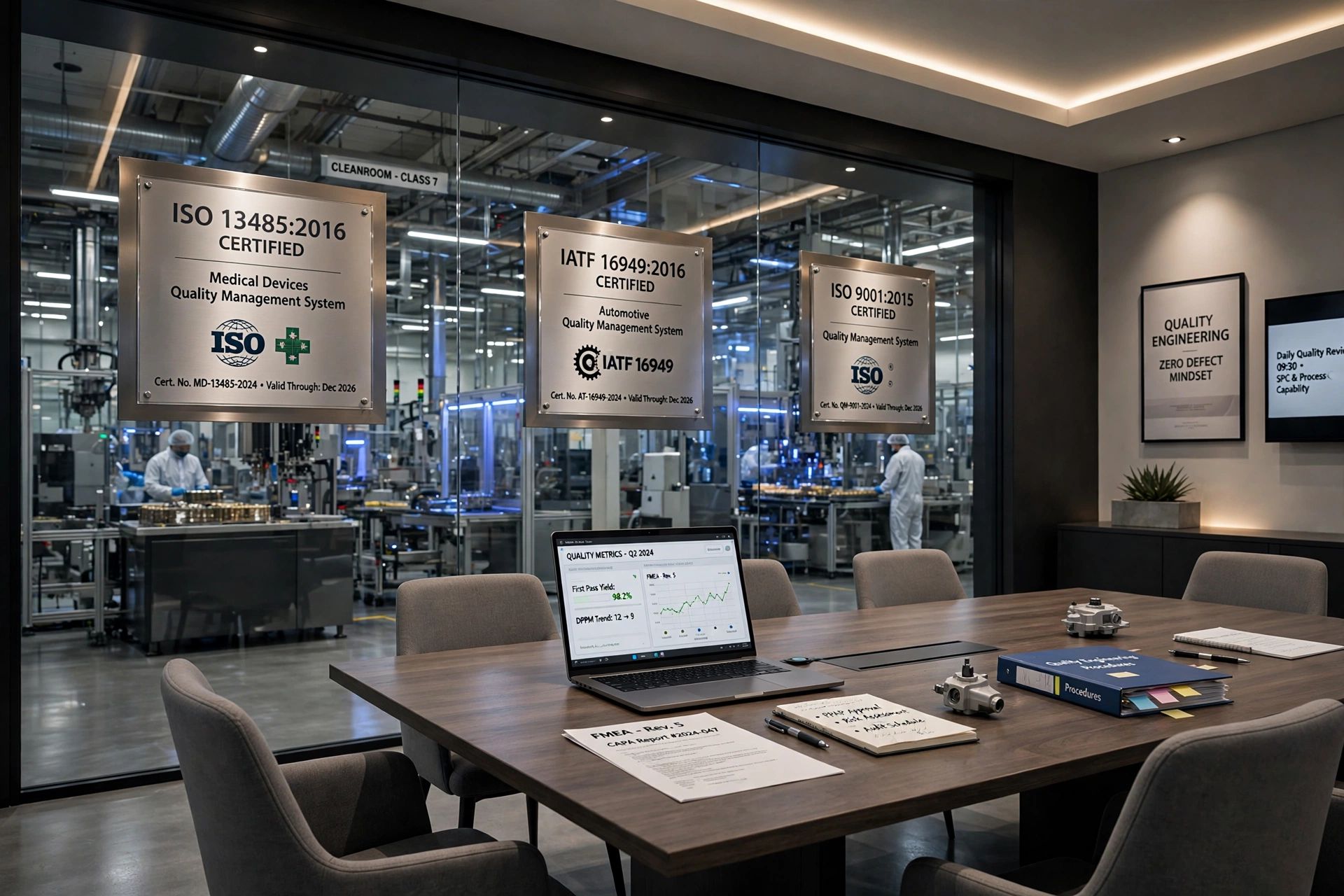 Quality certifications wall displaying ISO 13485, IATF 16949, and ISO 9001 credentials at TK Mold