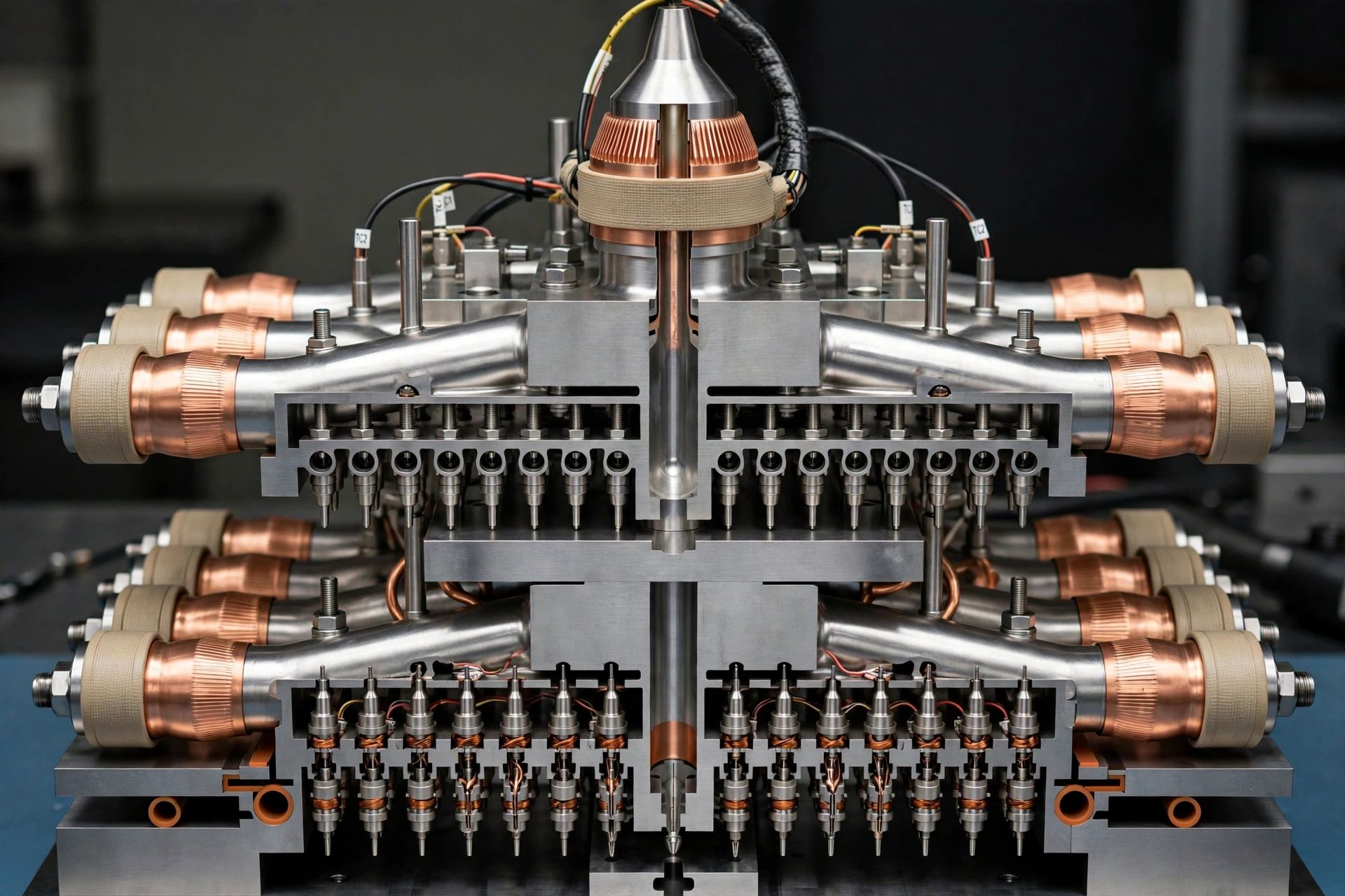 Husky hot runner manifold with balanced valve gates supplying dual-level stack mold cavities